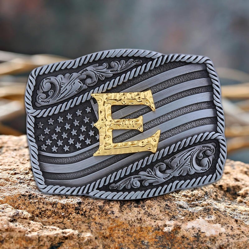 Fibbadet Store Western Cowboy Initial Letters A-Z American Flag Belt Buckle for Men Fathers Day Boyfriend Husband - Image 1